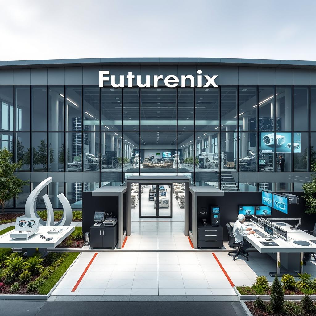 A modern manufacturing building for 'Futurenix', an eyewear technology company
