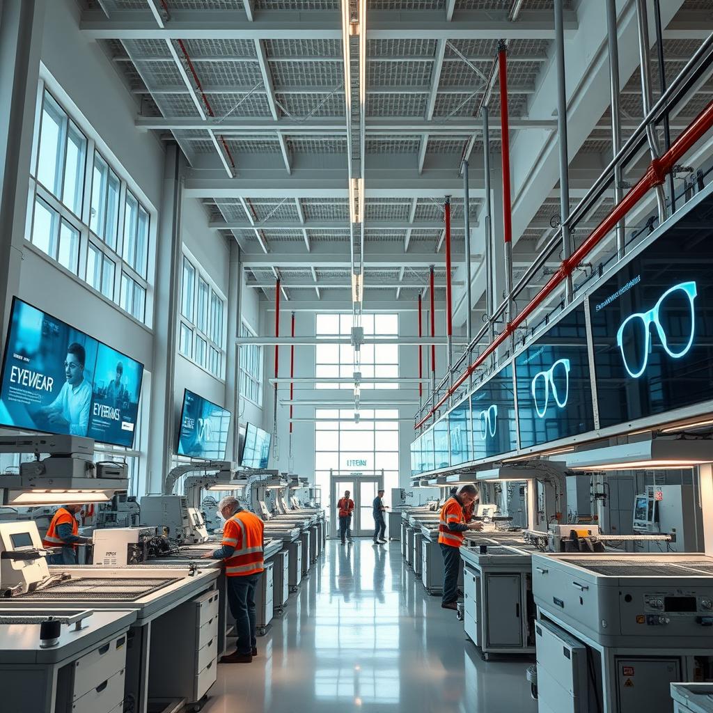 An interior view of a modern manufacturing facility for a company named 'Futurenix', an eyewear technology company