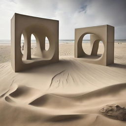 An extensive, magnificent avant-garde concrete gallery buzzing with diminutive art admirers. The floor is a startling transformation into a realistic beach scene, complete with intricate details of sand and tiny dunes. This surrealistic scene is showcased through architectural photography.