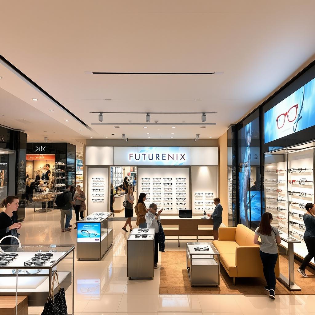 An interior view of a stylish eyewear store named 'Futurenix', located inside a modern shopping mall
