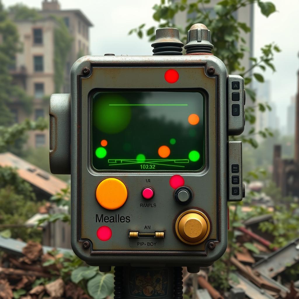 A creatively designed Pip-Boy from the Fallout video game series, featuring bright, colorful spots and rashes symbolizing measles, set against a post-apocalyptic background