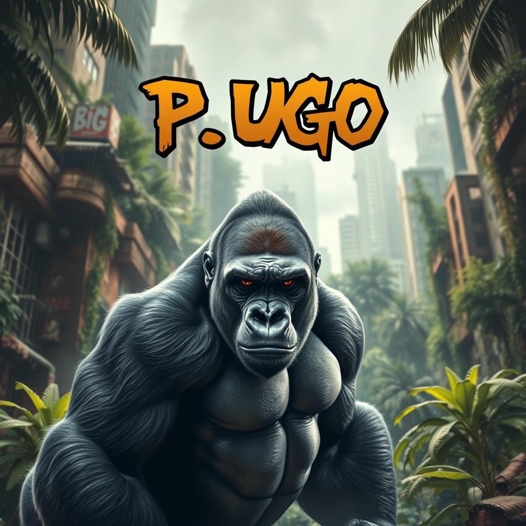 A dynamic and powerful image featuring a massive gorilla in the foreground, with an urban jungle backdrop