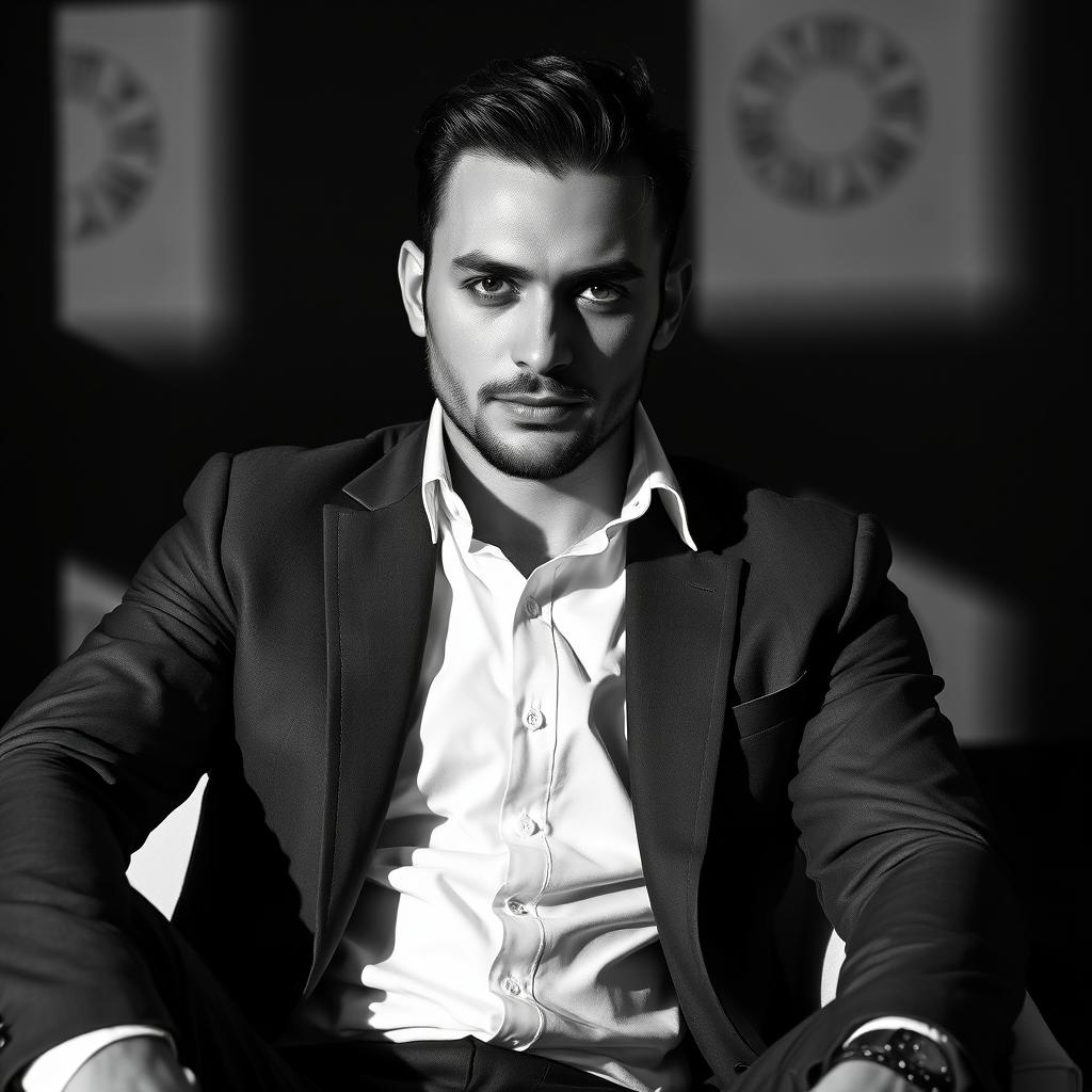 A striking image of a man sitting in a confident pose, emphasizing high contrast between black and white elements