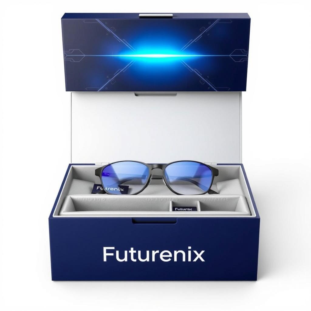 A sleek and modern eyewear packaging design for 'Futurenix', an eyewear technology company
