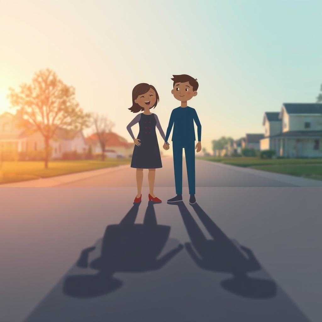 A creative and artistic representation of the word "neighbor", featuring two human figures standing close together, with their shadows beautifully overlapping on the ground