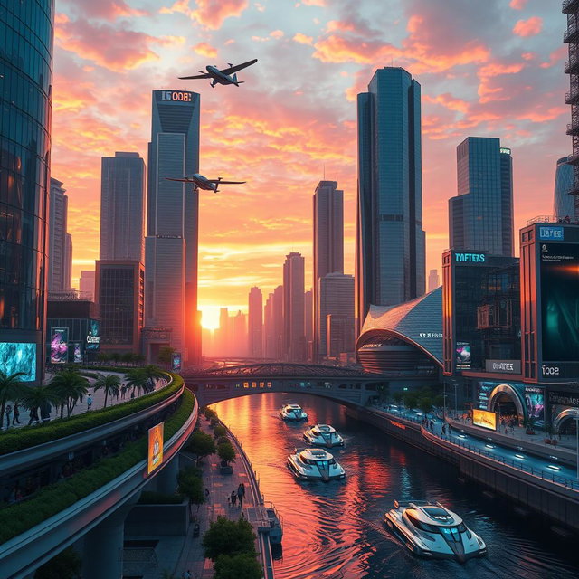 A futuristic city skyline during sunset with vibrant colors, featuring tall skyscrapers with glass facades reflecting the orange and pink hues of the sky