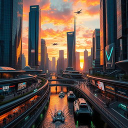 A futuristic city skyline during sunset with vibrant colors, featuring tall skyscrapers with glass facades reflecting the orange and pink hues of the sky