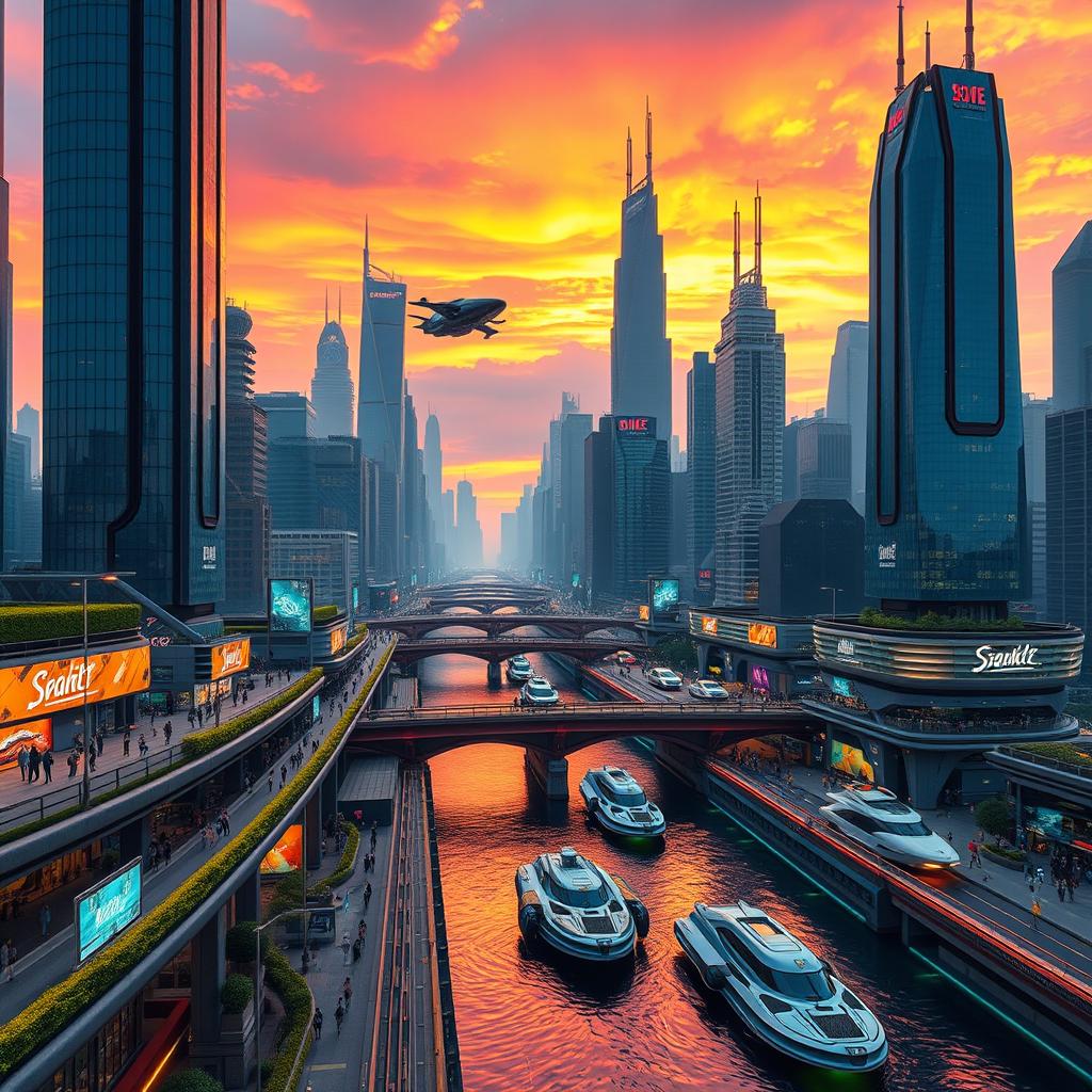 A futuristic city skyline during sunset with vibrant colors, featuring tall skyscrapers with glass facades reflecting the orange and pink hues of the sky