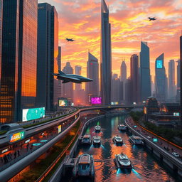 A futuristic city skyline during sunset with vibrant colors, featuring tall skyscrapers with glass facades reflecting the orange and pink hues of the sky