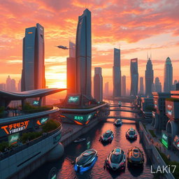 A futuristic city skyline during sunset with vibrant colors, featuring tall skyscrapers with glass facades reflecting the orange and pink hues of the sky