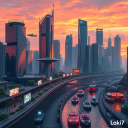 A futuristic city skyline during sunset with vibrant colors, featuring tall skyscrapers with glass facades reflecting the orange and pink hues of the sky