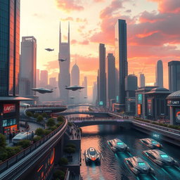 A futuristic city skyline during sunset with vibrant colors, featuring tall skyscrapers with glass facades reflecting the orange and pink hues of the sky