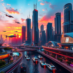 A futuristic city skyline during sunset with vibrant colors, featuring tall skyscrapers with glass facades reflecting the orange and pink hues of the sky