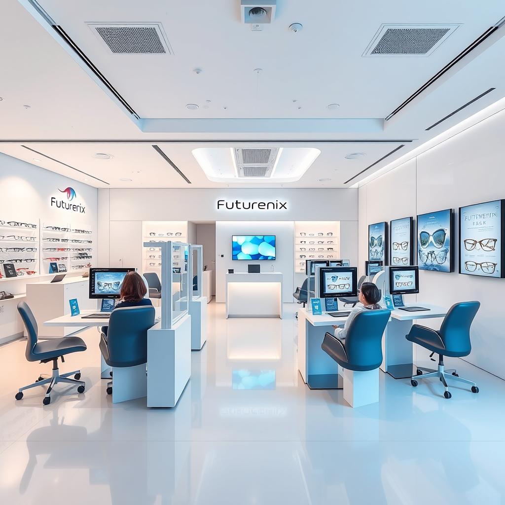 A modern and inviting eye-testing center designed for 'Futurenix', an eyewear technology company