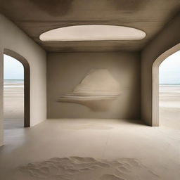 An extensive, magnificent avant-garde concrete gallery buzzing with diminutive art admirers. The floor is a startling transformation into a realistic beach scene, complete with intricate details of sand and tiny dunes. This surrealistic scene is showcased through architectural photography.