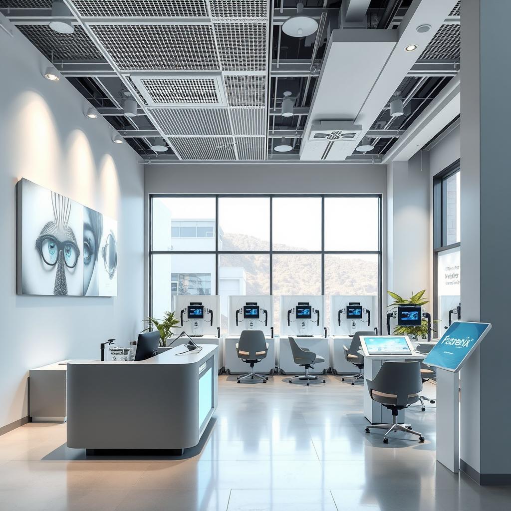 A cutting-edge eye testing center designed for 'Futurenix', an eyewear technology company