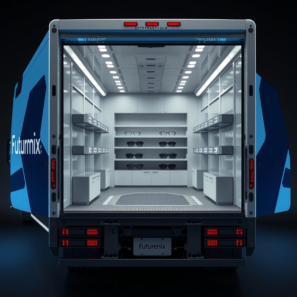 A delivery truck designed for 'Futurenix', an eyewear technology company, featuring a modern, streamlined appearance