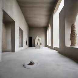 An even larger and more stunning avant-garde concrete gallery. Sizable, though filled with tiny art enthusiasts. Its floor is an exceptional embodiment of a beach, seamlessly integrated, with detailed sand and mini dunes, all under the potent architectural photography.