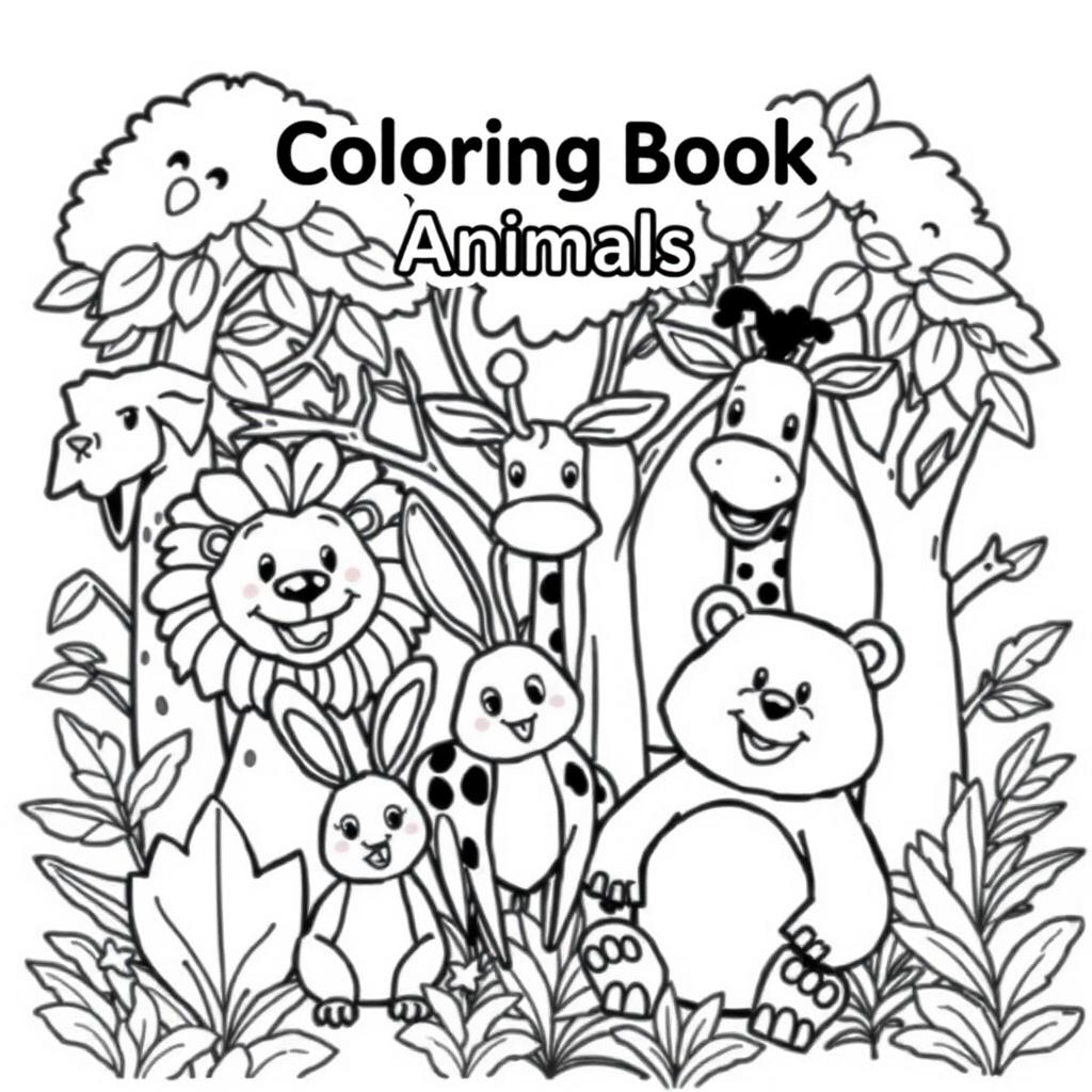 Coloring book cover, cartoon style, black and white, simple outlines, no shading