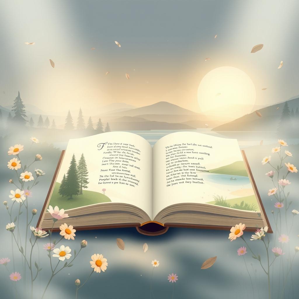 A serene depiction of a nature-themed poetry collection, featuring minimalist illustrations of landscapes like misty forests, tranquil lakes, and gentle hills