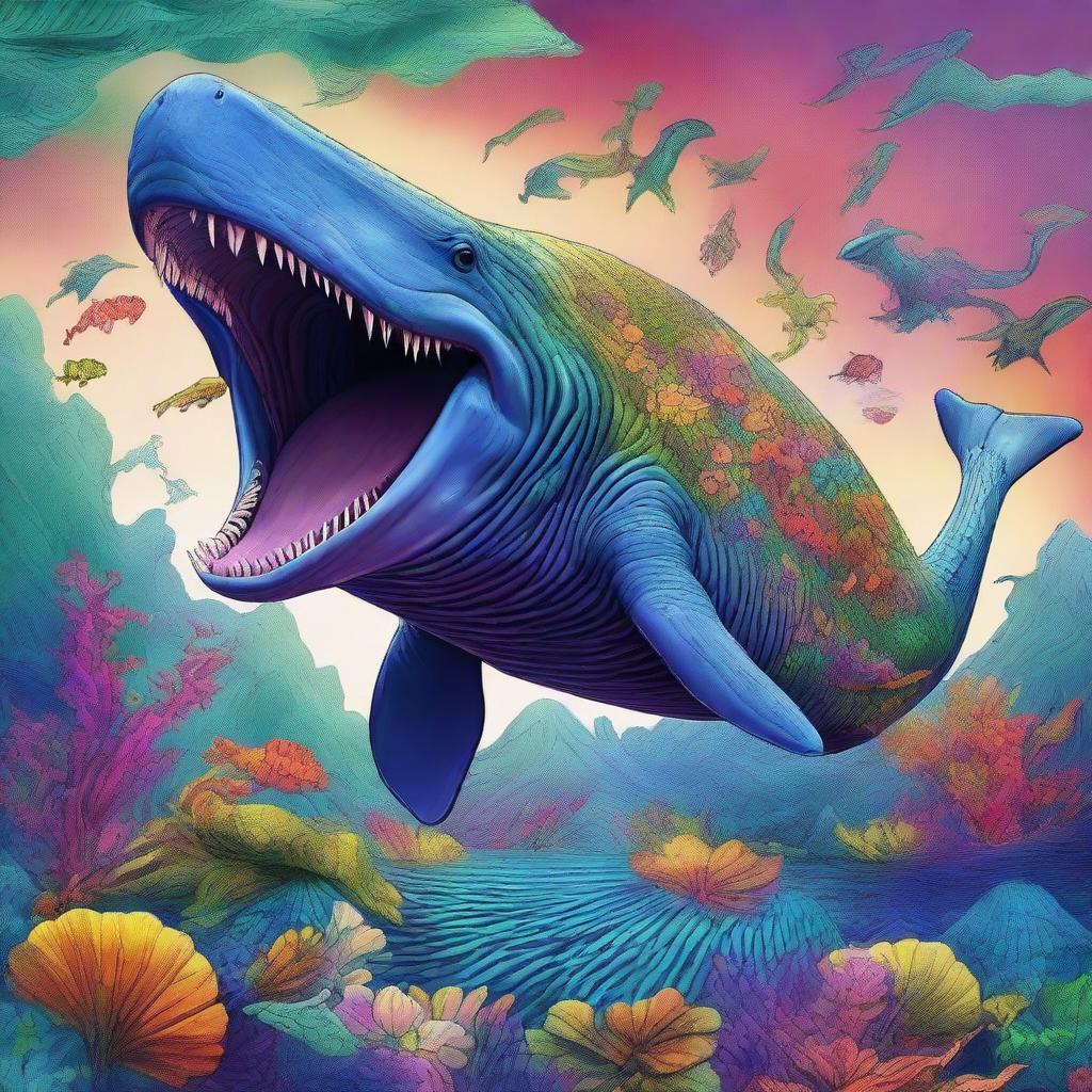 A high-quality digital art image showing an imaginative blend of a whale and a dinosaur