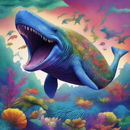 A high-quality digital art image showing an imaginative blend of a whale and a dinosaur