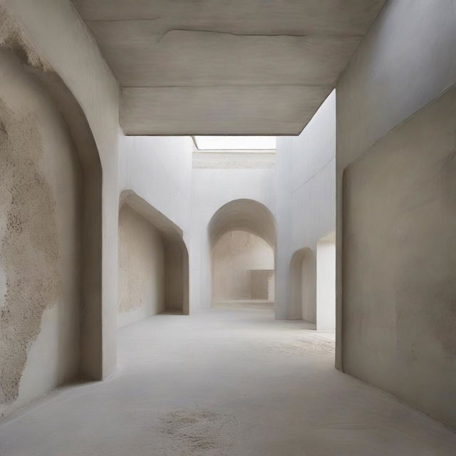 An even larger and more stunning avant-garde concrete gallery. Sizable, though filled with tiny art enthusiasts. Its floor is an exceptional embodiment of a beach, seamlessly integrated, with detailed sand and mini dunes, all under the potent architectural photography.