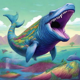 A high-quality digital art image showing an imaginative blend of a whale and a dinosaur