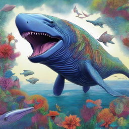 A high-quality digital art image showing an imaginative blend of a whale and a dinosaur