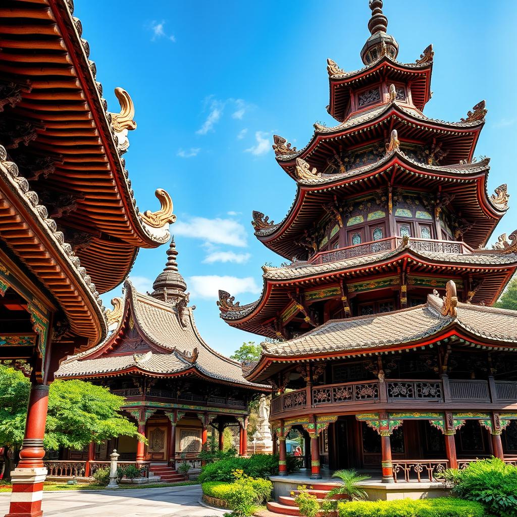 A stunning scene featuring wooden palaces characterized by elegant curved tiled roofs, adorned with intricate carvings and vibrant paintwork
