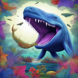 A high-quality digital art image showing an imaginative blend of a whale and a dinosaur