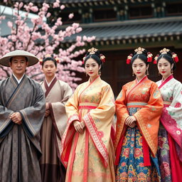 A group of noble individuals wearing elegant traditional hanbok