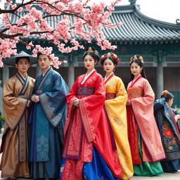 A group of noble individuals wearing elegant traditional hanbok