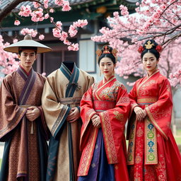 A group of noble individuals wearing elegant traditional hanbok