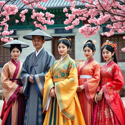 A group of noble individuals wearing elegant traditional hanbok