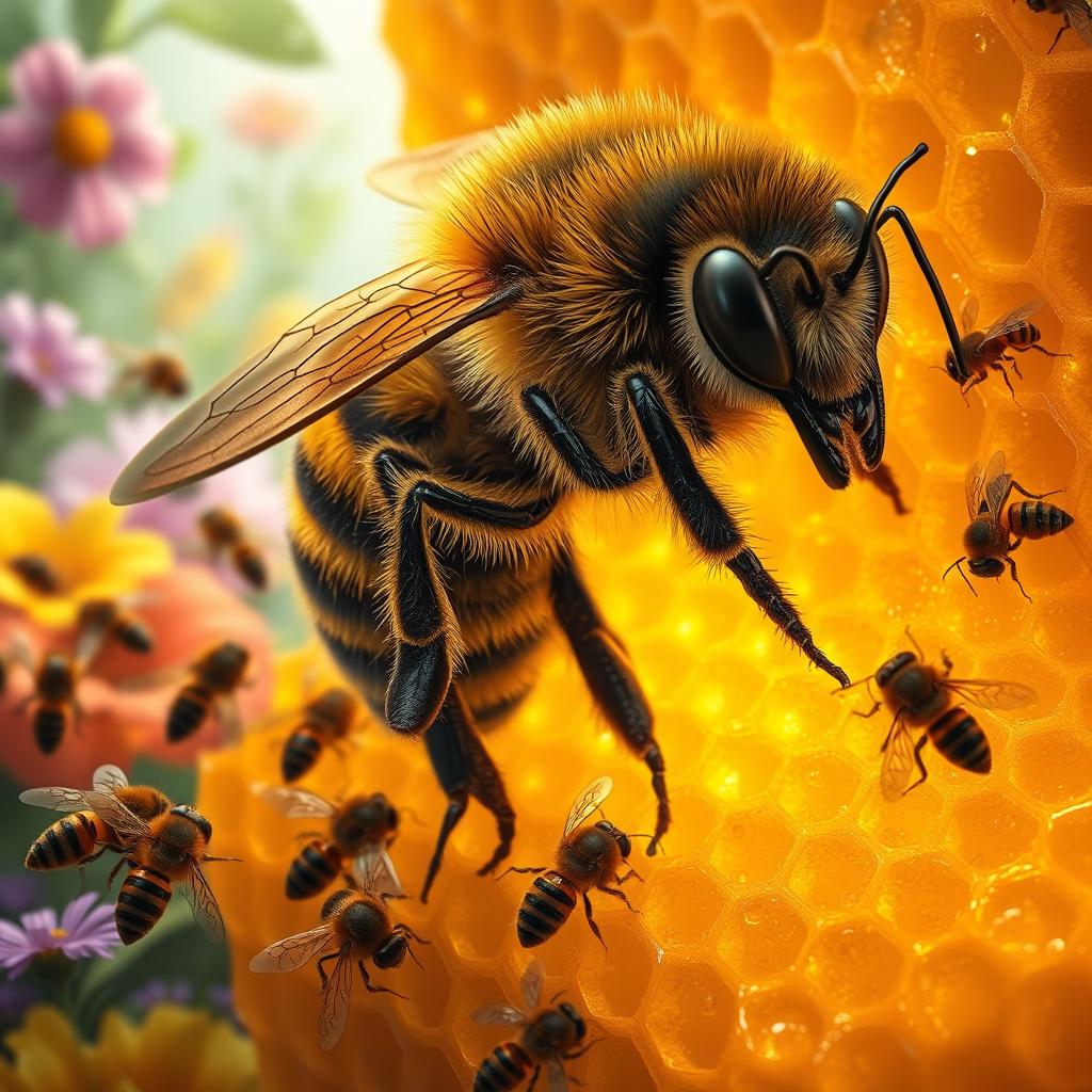 A highly detailed, realistic depiction of a large queen bee in a vivid beehive environment