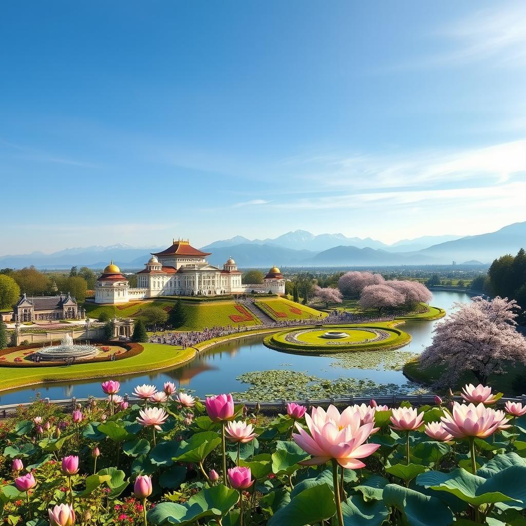 A breathtaking landscape featuring grand palaces surrounded by lush gardens filled with vibrant flowers, tranquil lotus ponds reflecting the blue sky, and graceful cherry blossom trees in full bloom