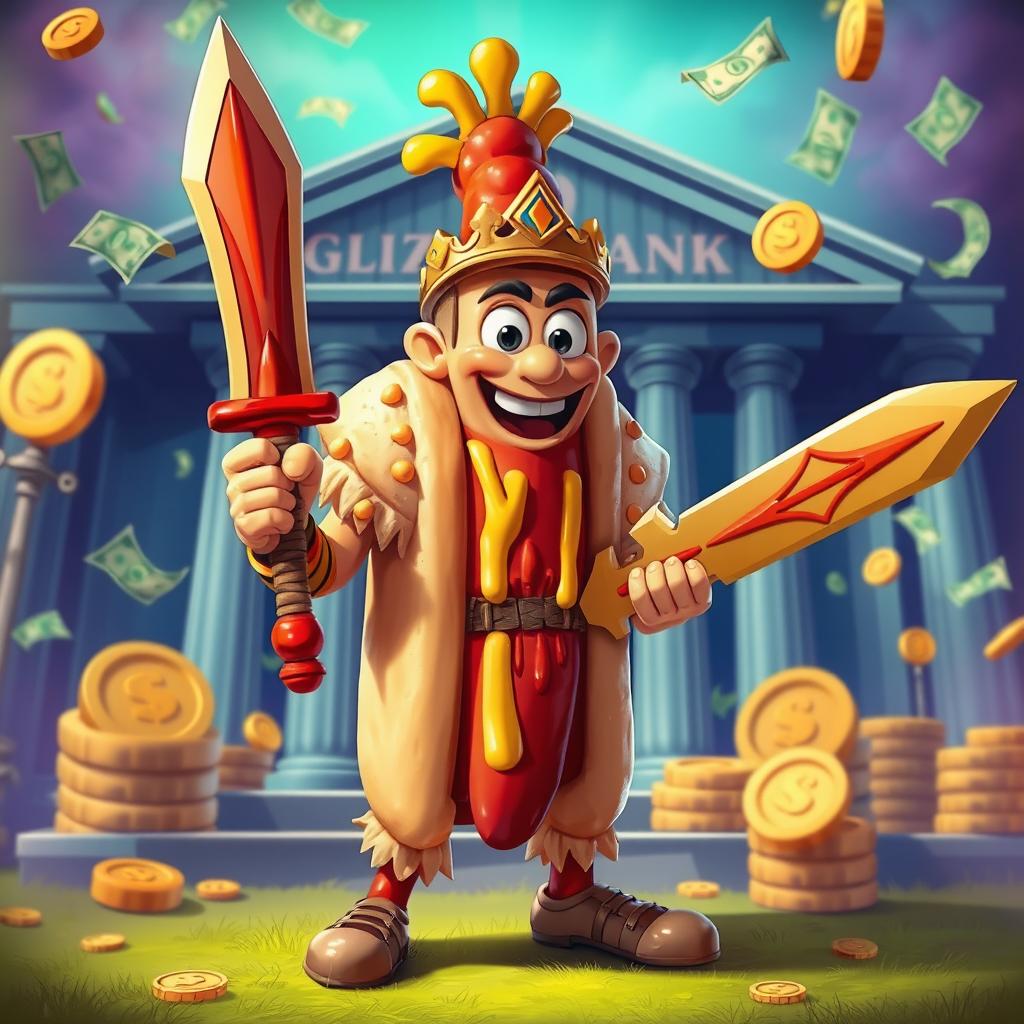 A vibrant and humorous depiction of a 'Glizzy Warrior' character, who is adorned in a playful outfit made entirely of hot dogs (glizzies)