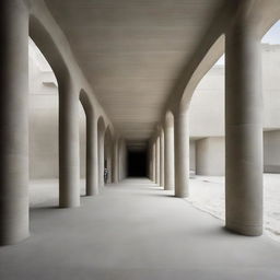 An even larger and more stunning avant-garde concrete gallery. Sizable, though filled with tiny art enthusiasts. Its floor is an exceptional embodiment of a beach, seamlessly integrated, with detailed sand and mini dunes, all under the potent architectural photography.