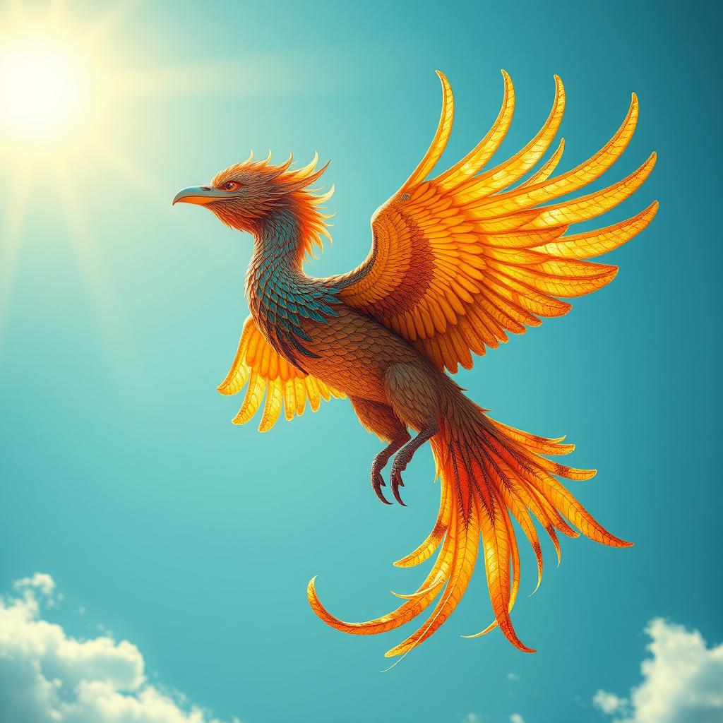 A stunning and mythical Simorgh soaring in a bright blue sky, appearing majestic and ethereal