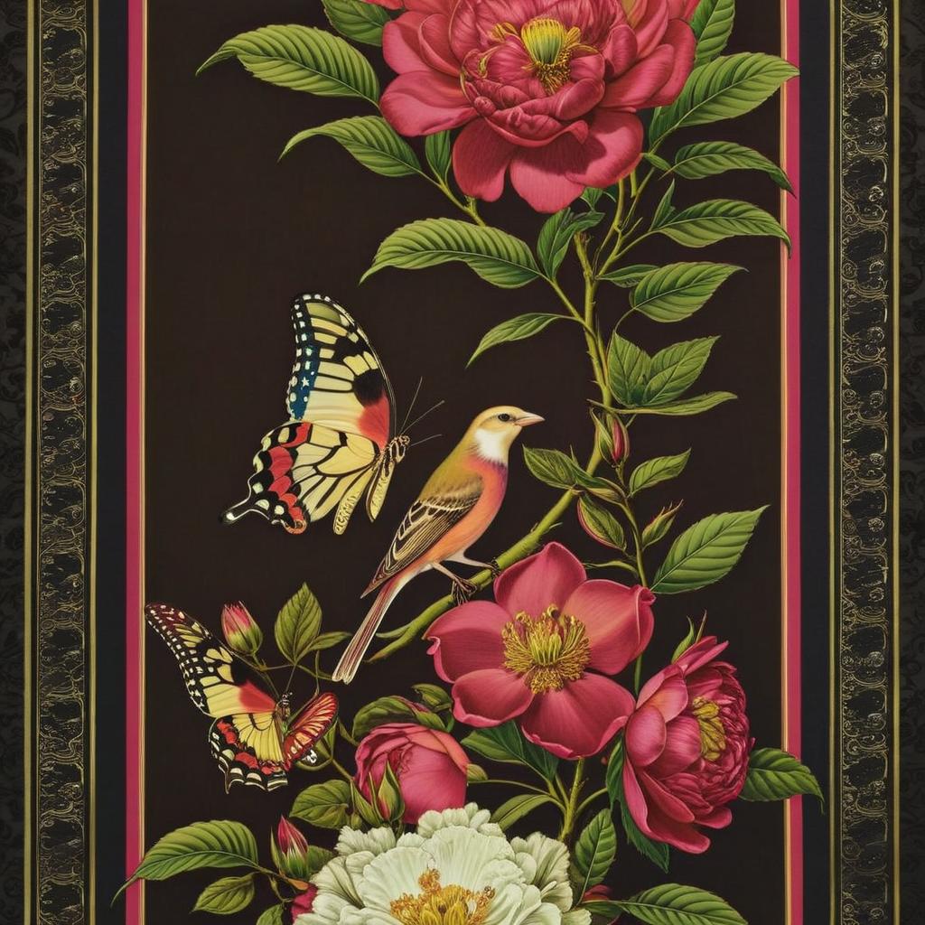 Captivating Embroidery: Colorful Bird on Rose Branch