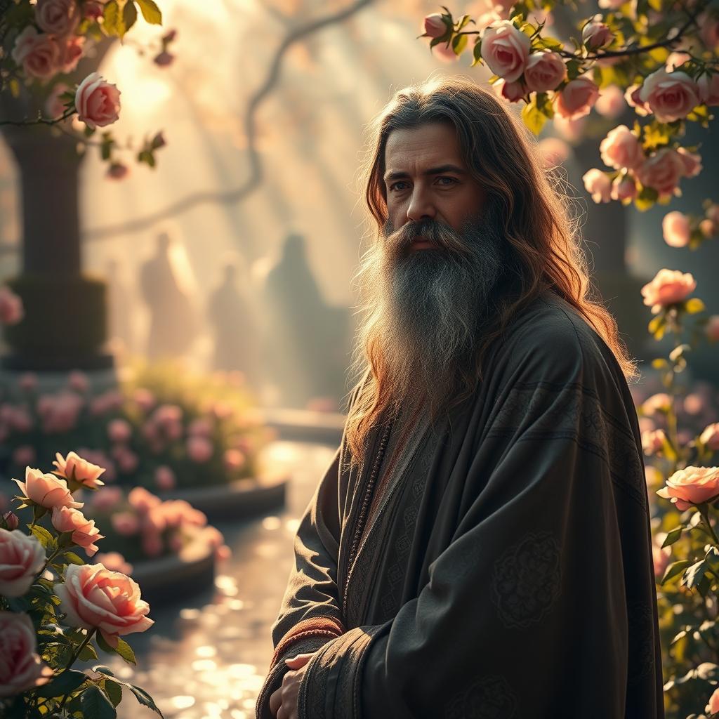 A poetic and serene portrait of Rumi, the 13th-century Persian poet and mystical philosopher, captured in an ethereal garden setting filled with blooming roses and softly flowing water