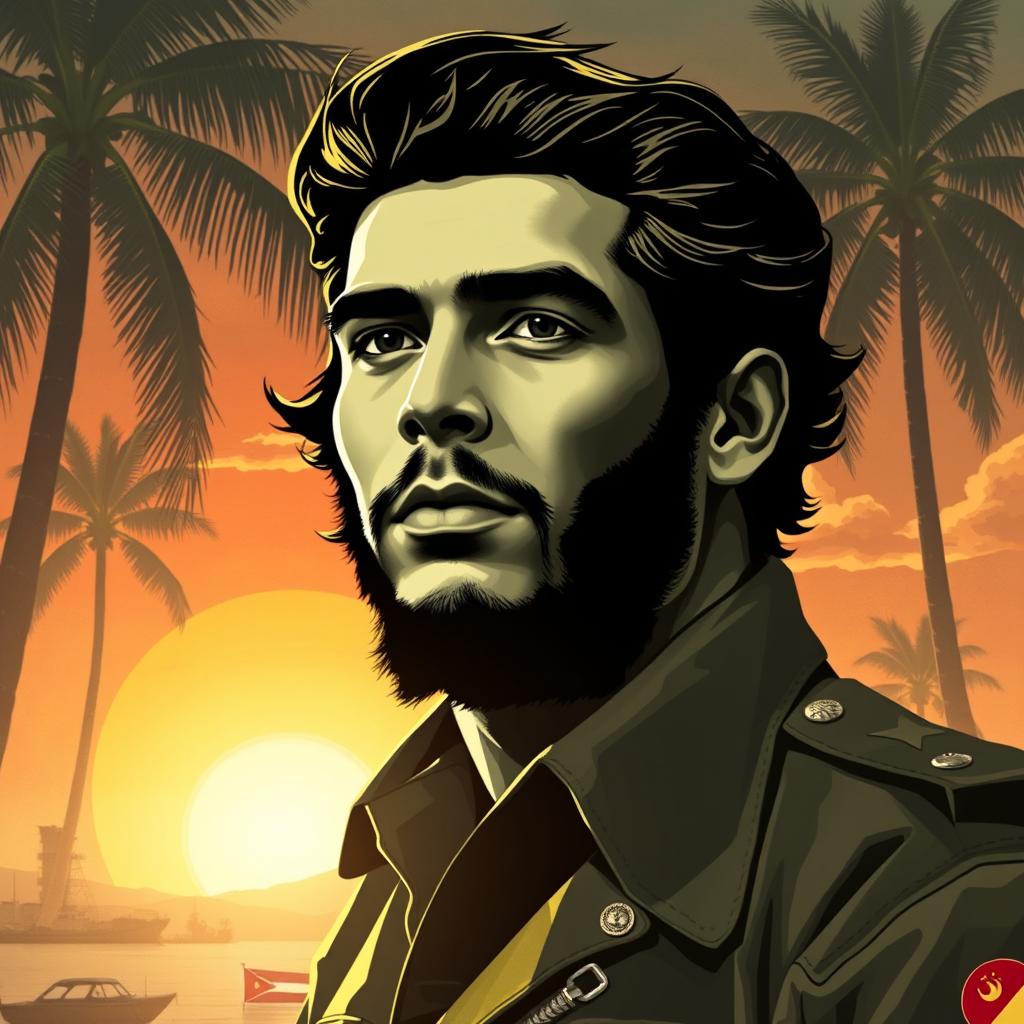 Create an image featuring a person with a face resembling that of Che Guevara, but with the identity and features of the individual provided in the reference