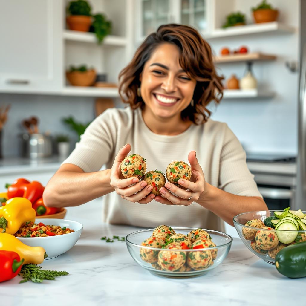 A person skillfully rolling freshly made veggie balls between their hands in a bright and inviting kitchen
