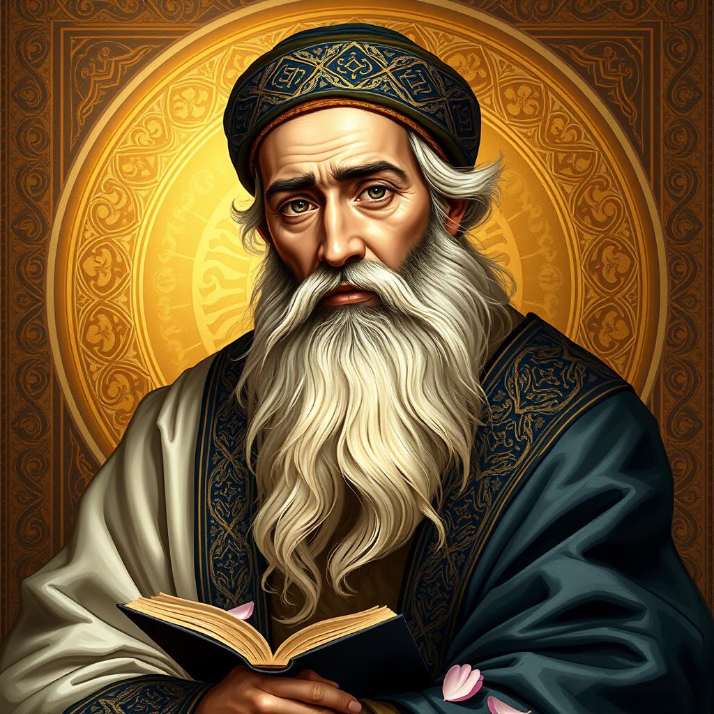 A beautifully detailed portrait of Rumi, the famous Persian poet and philosopher, dressed in traditional 13th century Persian attire
