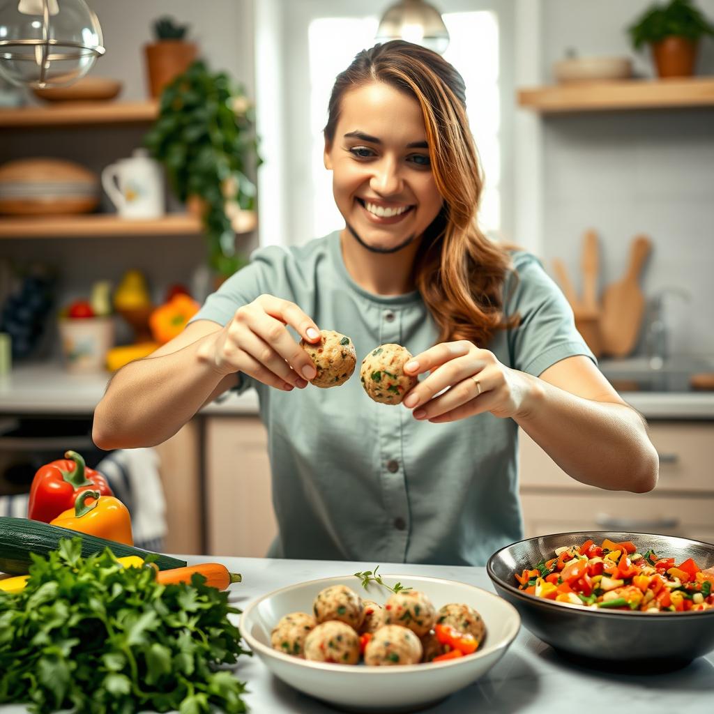 A person skillfully rolling freshly made veggie balls between their hands in a bright and inviting kitchen