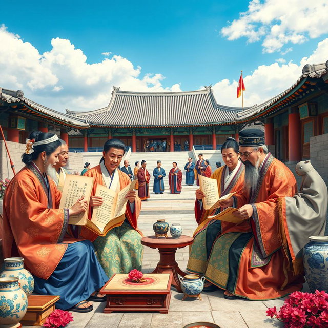 A vibrant and detailed scene depicting the cultural flourishing of Korea, showcasing a harmonious blend of literature, art, and diplomacy