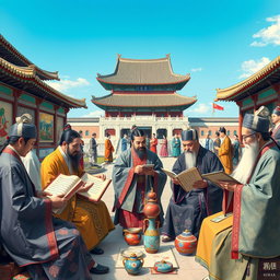 A vibrant and detailed scene depicting the cultural flourishing of Korea, showcasing a harmonious blend of literature, art, and diplomacy