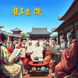 A vibrant and detailed scene depicting the cultural flourishing of Korea, showcasing a harmonious blend of literature, art, and diplomacy