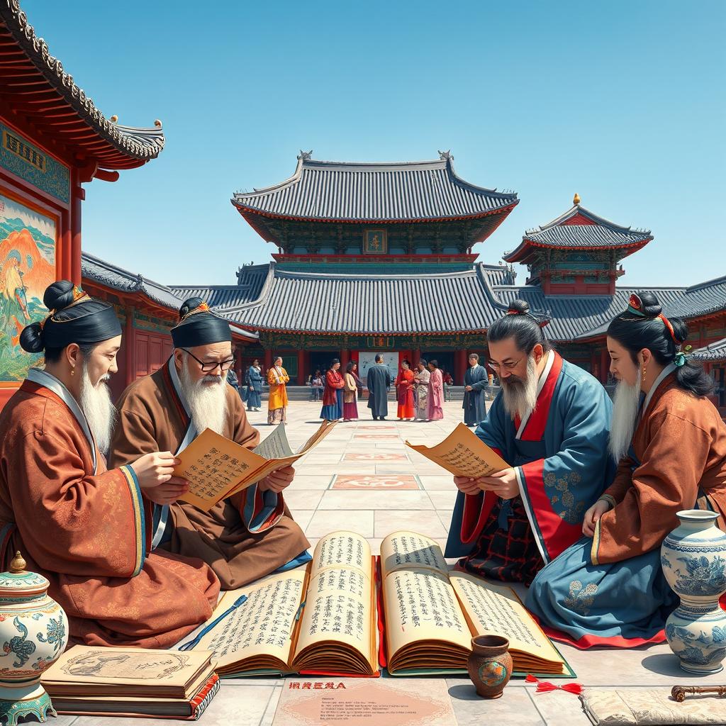 A vibrant and detailed scene depicting the cultural flourishing of Korea, showcasing a harmonious blend of literature, art, and diplomacy